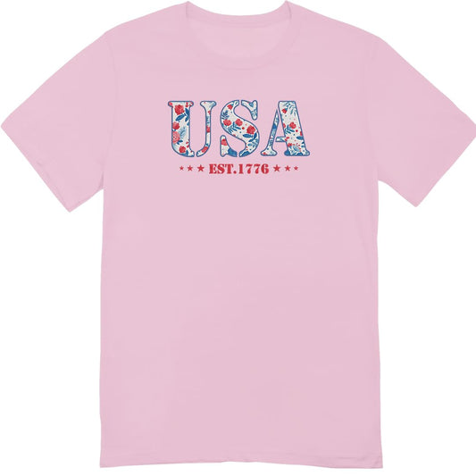 America Fourth of July Embroidered T-Shirt - 4th of July Tee Shirt Embroidery - Patriotic Est 1776 Shirt for Women