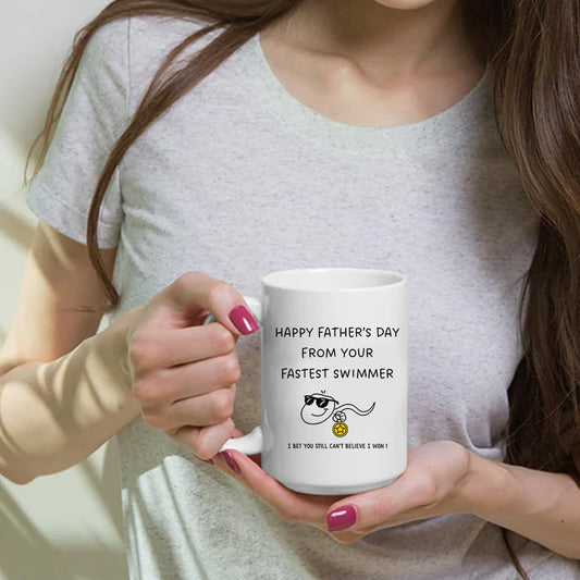 Funny Father's Day Coffee Mug, Fastest Swimmer Design, White Ceramic Cup with Humorous Quote 11oz