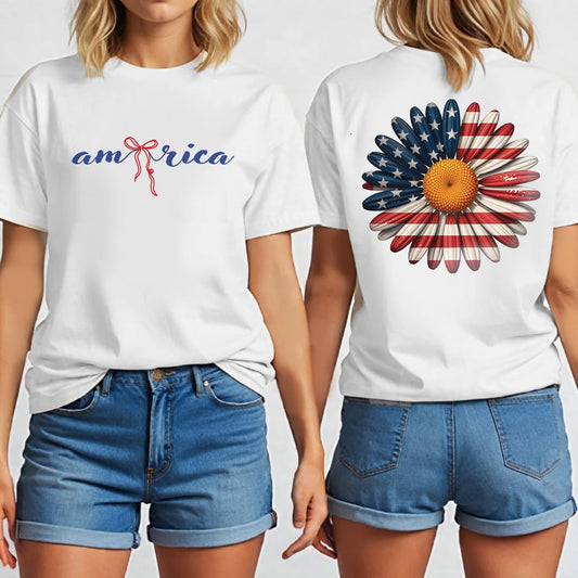 America 4th of July Bow Printed 2-Sided T-Shirt - Daisy Fourth of July Tee Shirt for Women