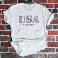 America Fourth of July Embroidered T-Shirt - 4th of July Tee Shirt Embroidery - Patriotic Est 1776 Shirt for Women