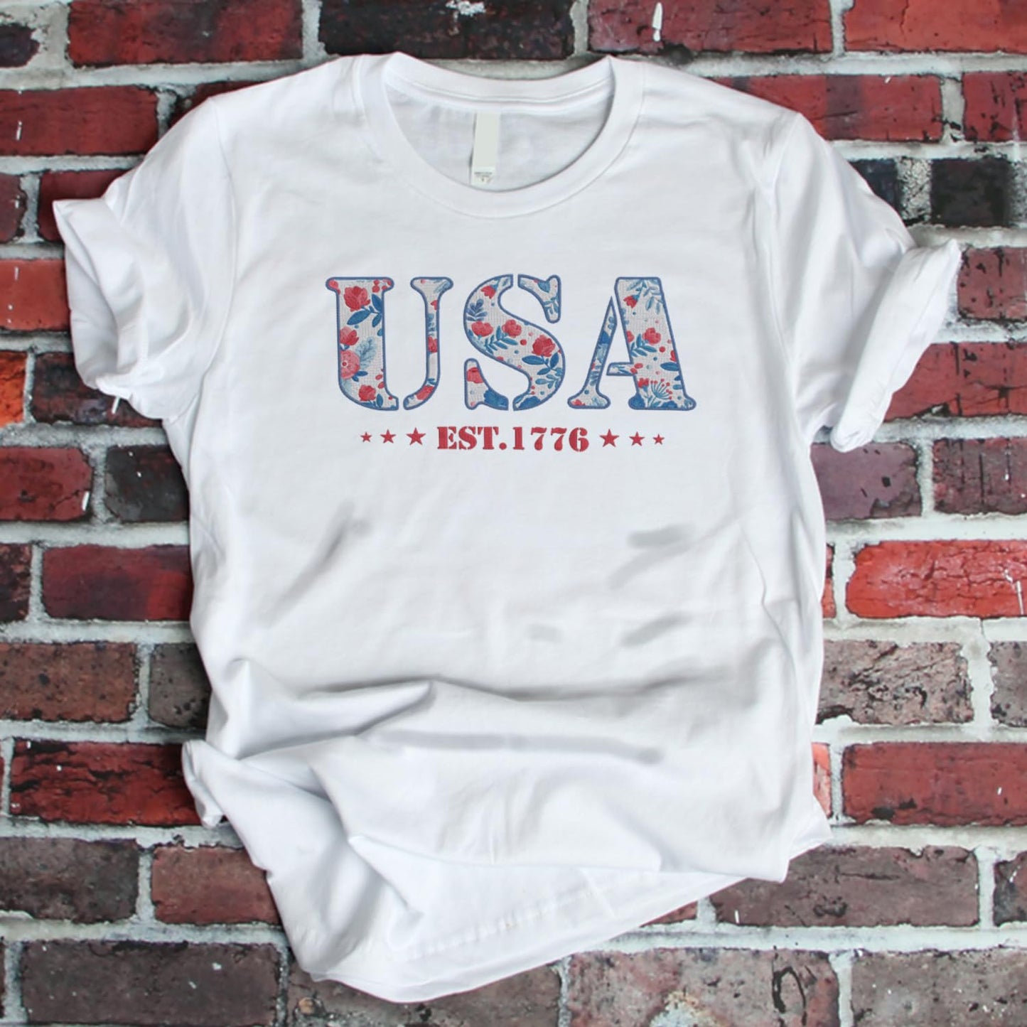 America Fourth of July Embroidered T-Shirt - 4th of July Tee Shirt Embroidery - Patriotic Est 1776 Shirt for Women