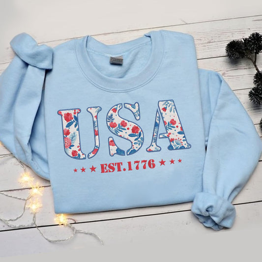 America Fourth of July Embroidered Sweatshirt for Women - 4th of July Shirt Embroidery - Patriotic Est 1776 Shirt for Women