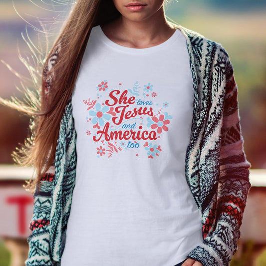 She Loves Jesus and America T-Shirt, Patriotic Faith Design, Women's Short Sleeve, Multiple Colors
