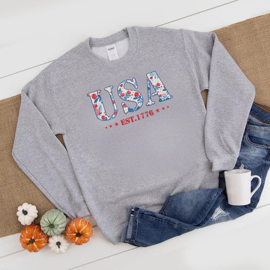 America Fourth of July Embroidered Sweatshirt for Women - 4th of July Shirt Embroidery - Patriotic Est 1776 Shirt for Women