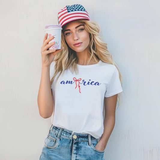 America 4th of July Bow Printed 2-Sided T-Shirt - Daisy Fourth of July Tee Shirt for Women