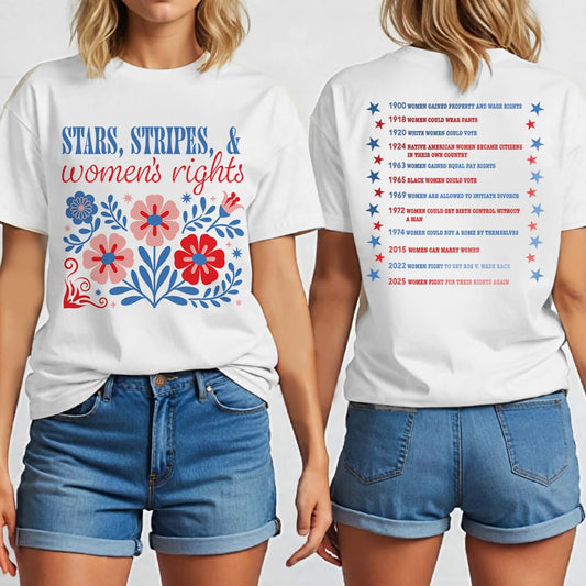 Women's Rights Timeline T-Shirt, Patriotic Floral Design, White Cotton Tee with Historical Milestones