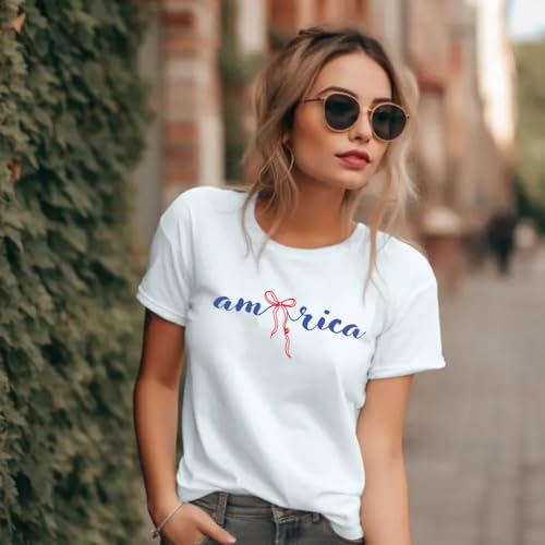 America 4th of July Bow Printed 2-Sided T-Shirt - Daisy Fourth of July Tee Shirt for Women