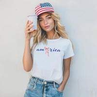 America 4th of July Bow Printed 2-Sided T-Shirt - Daisy Fourth of July Tee Shirt for Women