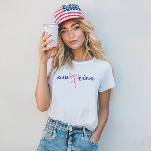 America 4th of July Bow Printed 2-Sided T-Shirt - Daisy Fourth of July Tee Shirt for Women