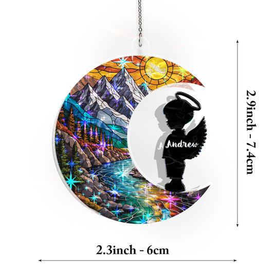 Personalized Baby Memorial Ornament – Stained Glass Moon with Angel Silhouette (Boy & Girl)