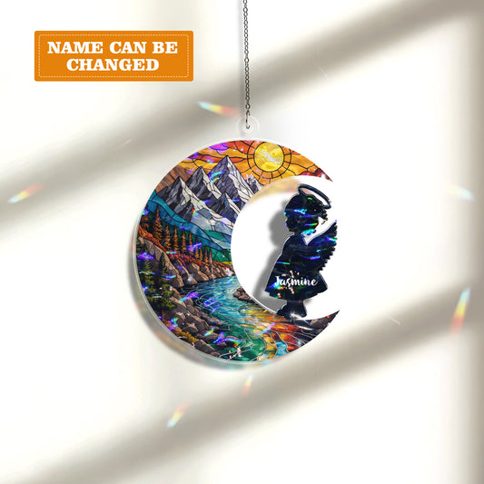 Personalized Baby Memorial Ornament – Stained Glass Moon with Angel Silhouette (Boy & Girl)