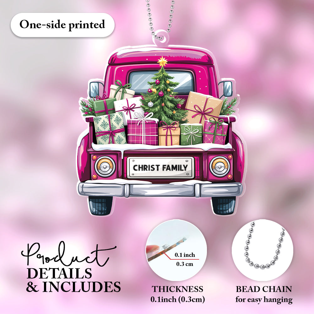 Personalized Christmas Truck Ornament – Custom Family Name Holiday Decoration for Car, Tree, or Home