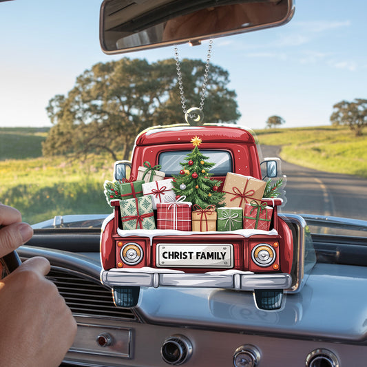Personalized Christmas Truck Ornament – Custom Family Name Holiday Decoration for Car, Tree, or Home