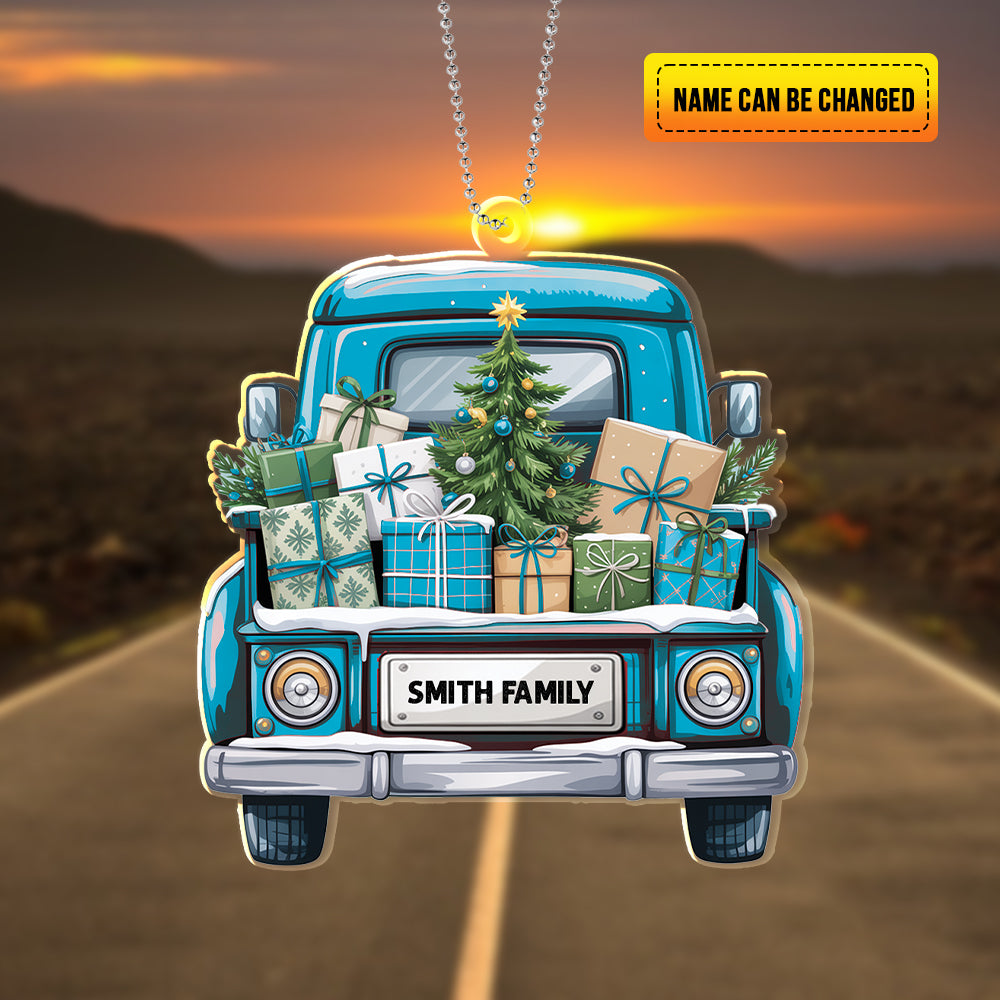 Personalized Christmas Truck Ornament – Custom Family Name Holiday Decoration for Car, Tree, or Home