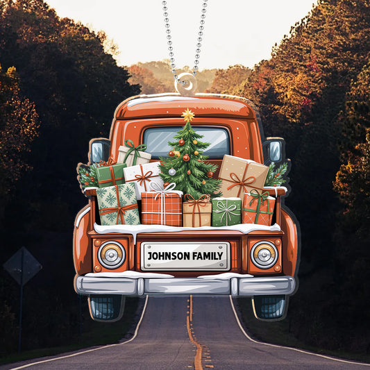 Personalized Christmas Truck Ornament – Custom Family Name Holiday Decoration for Car, Tree, or Home