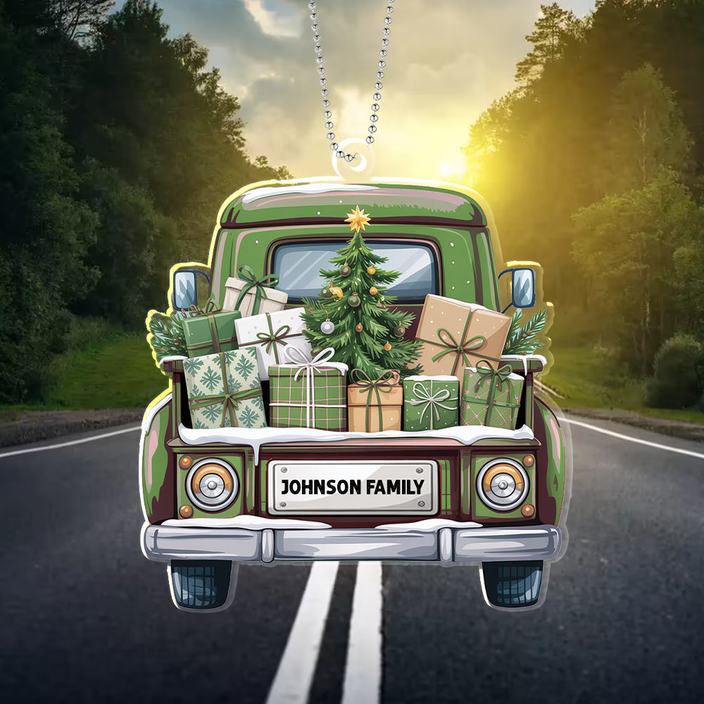 Personalized Christmas Truck Ornament – Custom Family Name Holiday Decoration for Car, Tree, or Home