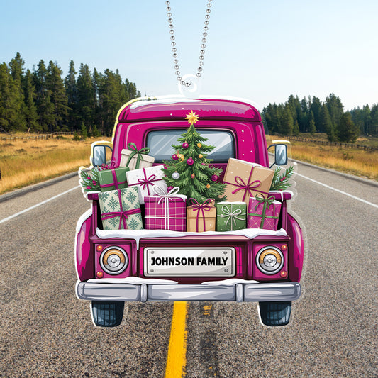 Personalized Christmas Truck Ornament – Custom Family Name Holiday Decoration for Car, Tree, or Home
