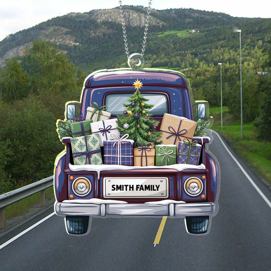 Personalized Christmas Truck Ornament – Custom Family Name Holiday Decoration for Car, Tree, or Home