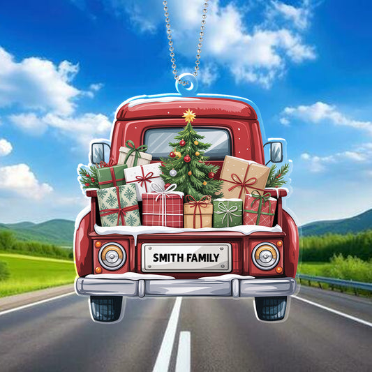 Personalized Christmas Truck Ornament – Custom Family Name Holiday Decoration for Car, Tree, or Home
