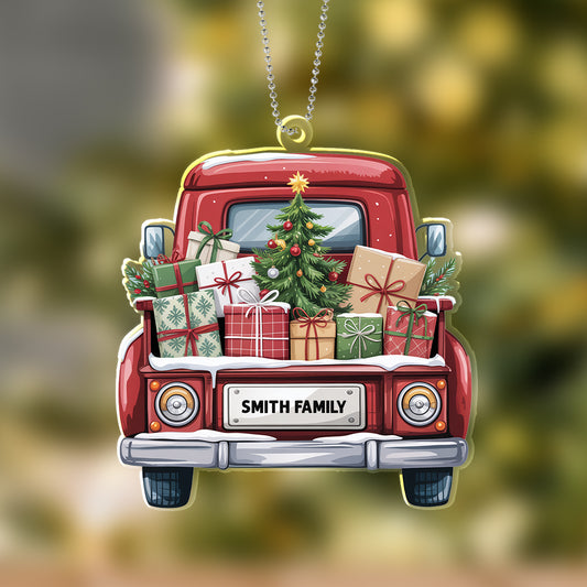 Personalized Christmas Truck Ornament – Custom Family Name Holiday Decoration for Car, Tree, or Home