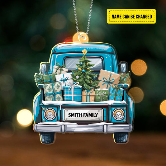 Personalized Christmas Truck Ornament – Custom Family Name Holiday Decoration for Car, Tree, or Home