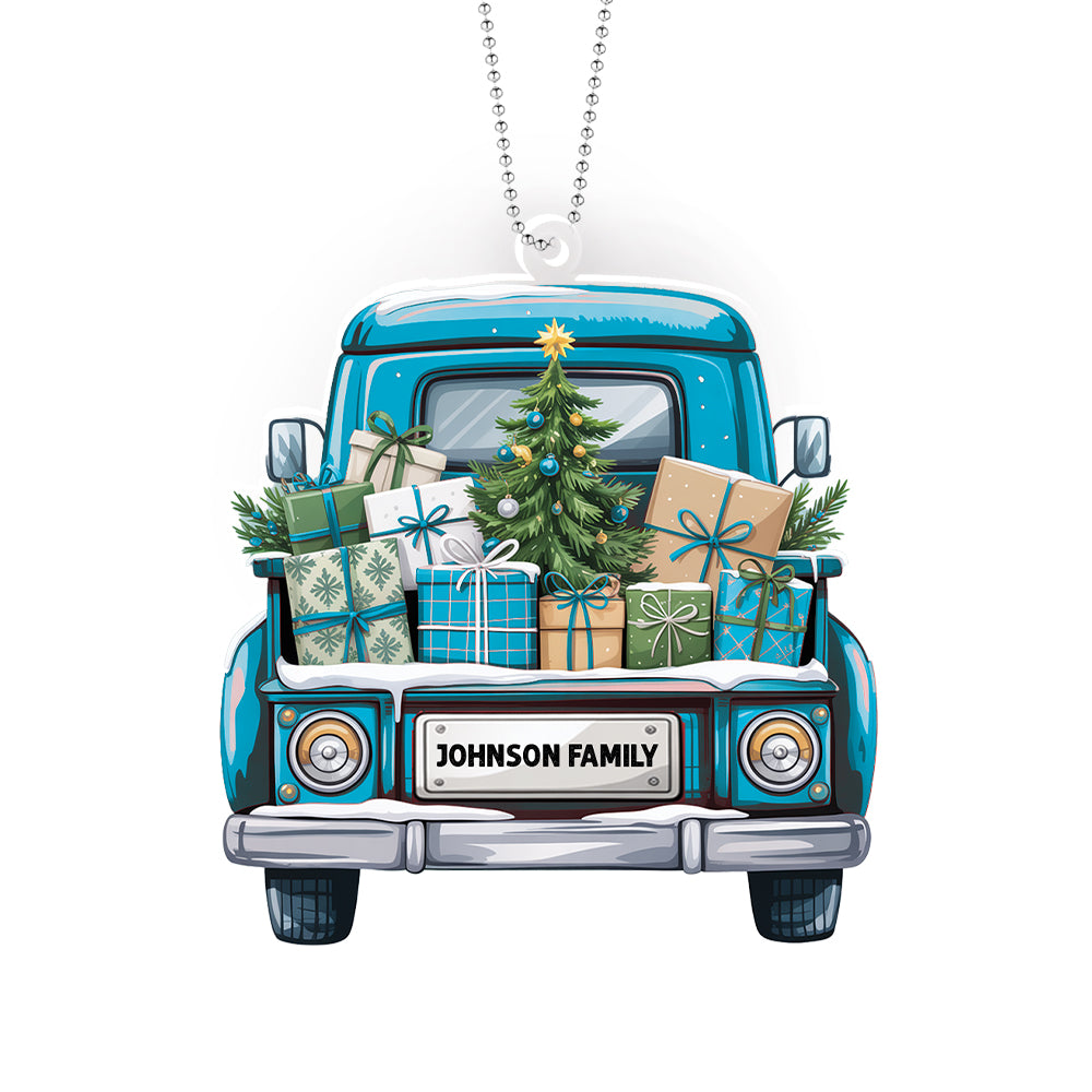 Personalized Christmas Truck Ornament – Custom Family Name Holiday Decoration for Car, Tree, or Home