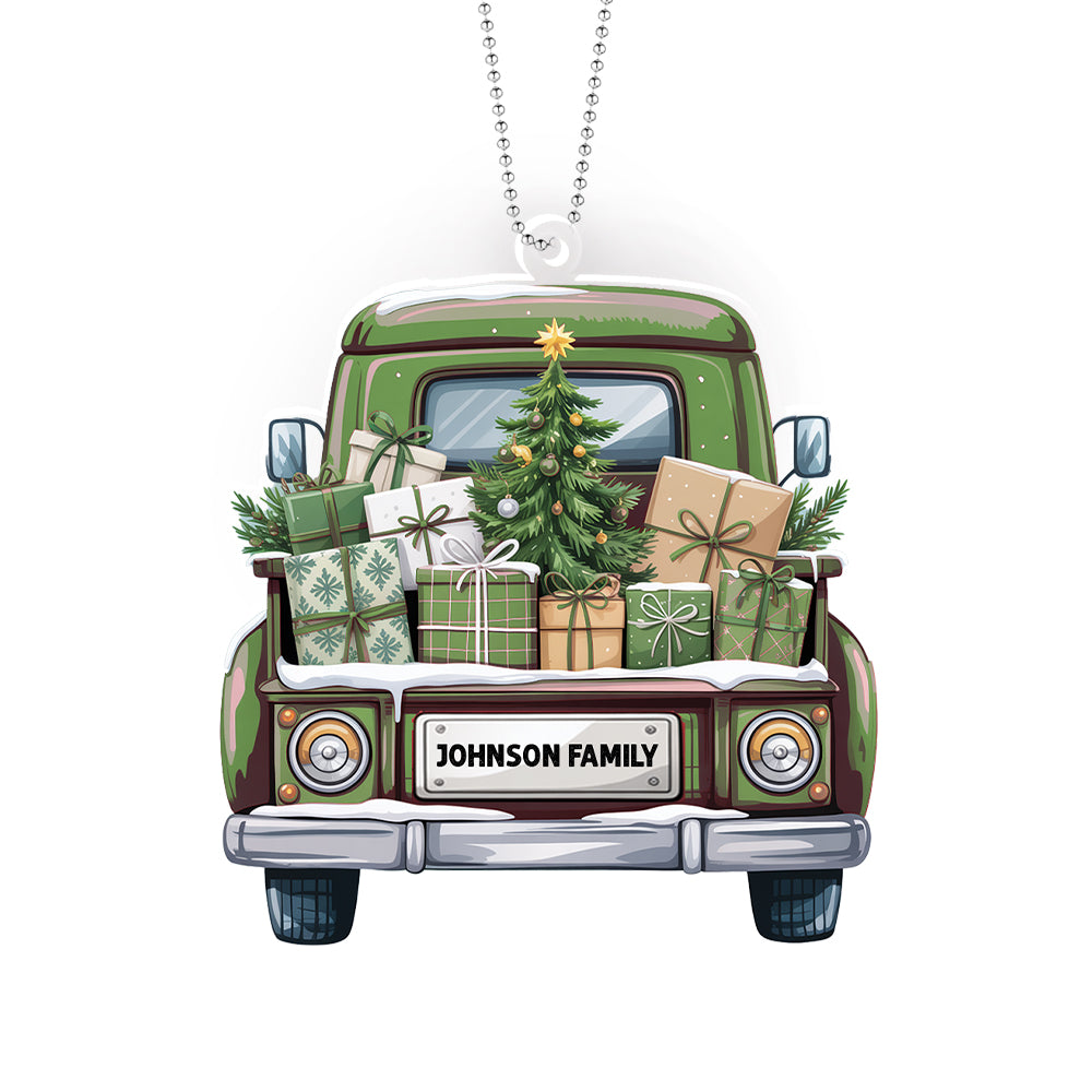 Personalized Christmas Truck Ornament – Custom Family Name Holiday Decoration for Car, Tree, or Home