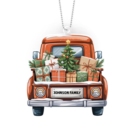 Personalized Christmas Truck Ornament – Custom Family Name Holiday Decoration for Car, Tree, or Home