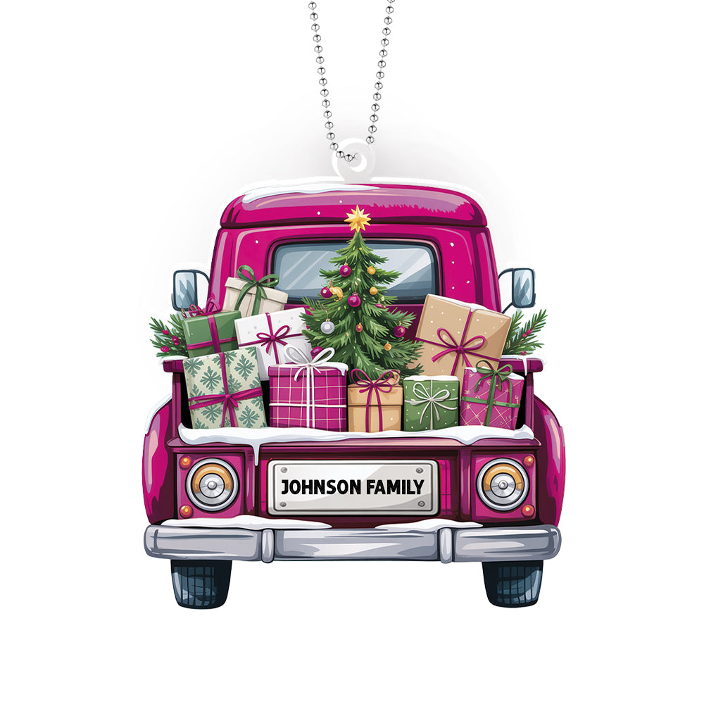 Personalized Christmas Truck Ornament – Custom Family Name Holiday Decoration for Car, Tree, or Home