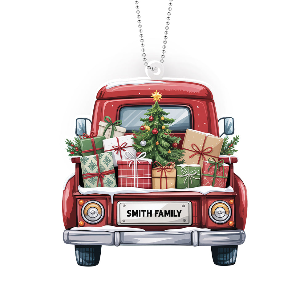 Personalized Christmas Truck Ornament – Custom Family Name Holiday Decoration for Car, Tree, or Home