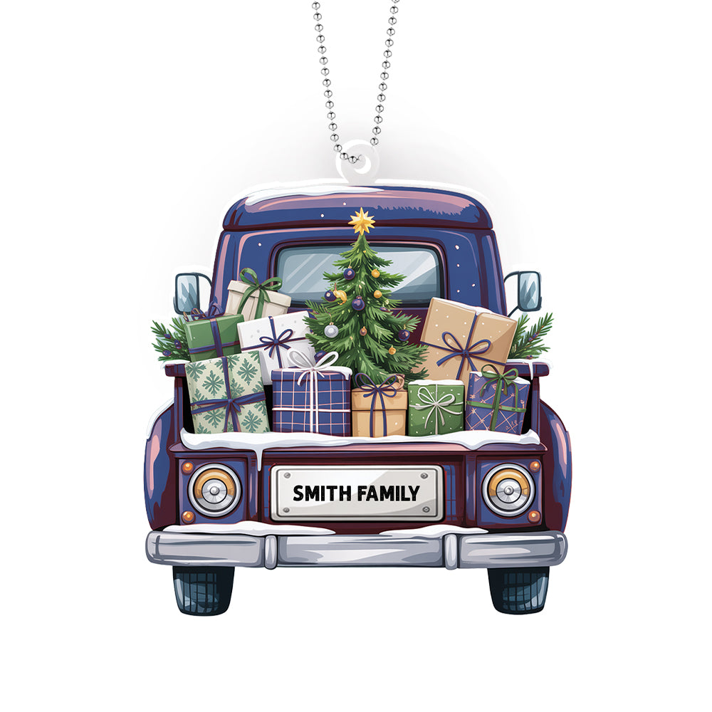Personalized Christmas Truck Ornament – Custom Family Name Holiday Decoration for Car, Tree, or Home