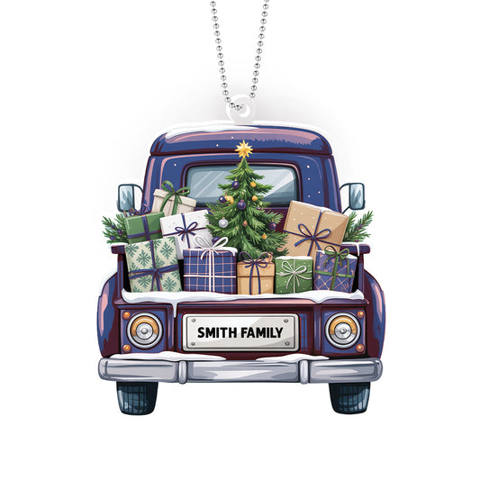 Personalized Christmas Truck Ornament – Custom Family Name Holiday Decoration for Car, Tree, or Home