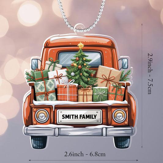 Personalized Christmas Truck Ornament – Custom Family Name Holiday Decoration for Car, Tree, or Home