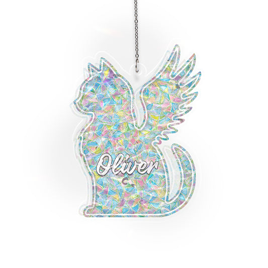 Personalized Memorial Cat Ornament – Angel Wing Holographic Suncatcher
