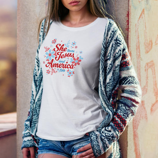 She Loves Jesus and America T-Shirt, Patriotic Faith Design, Women's Short Sleeve, Multiple Colors