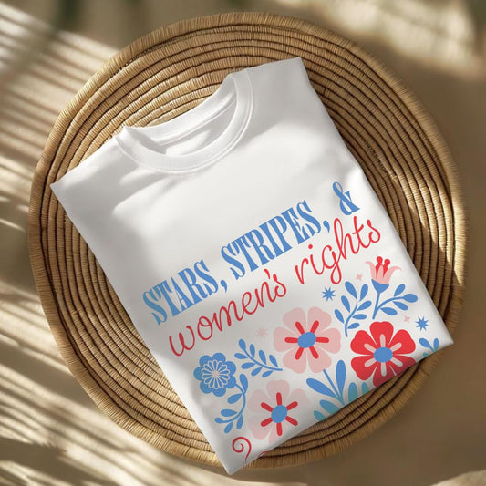 Women's Rights Timeline T-Shirt, Patriotic Floral Design, White Cotton Tee with Historical Milestones
