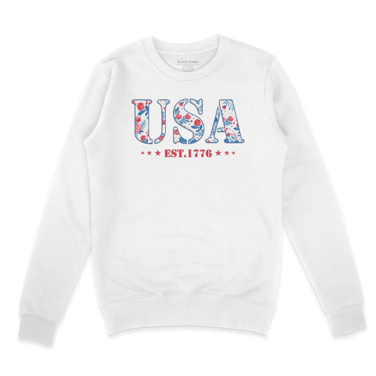 America Fourth of July Embroidered Sweatshirt for Women - 4th of July Shirt Embroidery - Patriotic Est 1776 Shirt for Women