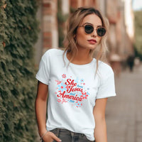She Loves Jesus and America T-Shirt, Patriotic Faith Design, Women's Short Sleeve, Multiple Colors
