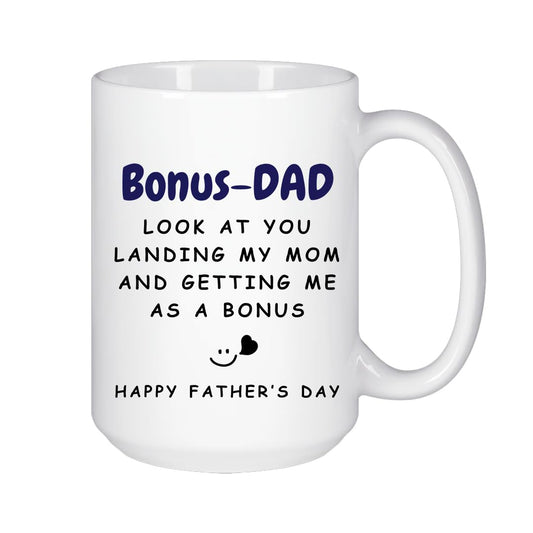 Father's Day Coffee Mug for Step Dad, Funny Stepdad Gift, White Ceramic Cup with Heartwarming Message