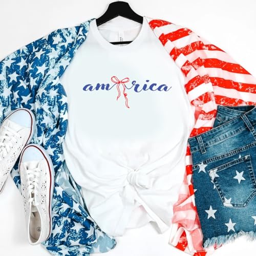 America 4th of July Bow Printed 2-Sided T-Shirt - Daisy Fourth of July Tee Shirt for Women