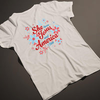 She Loves Jesus and America T-Shirt, Patriotic Faith Design, Women's Short Sleeve, Multiple Colors