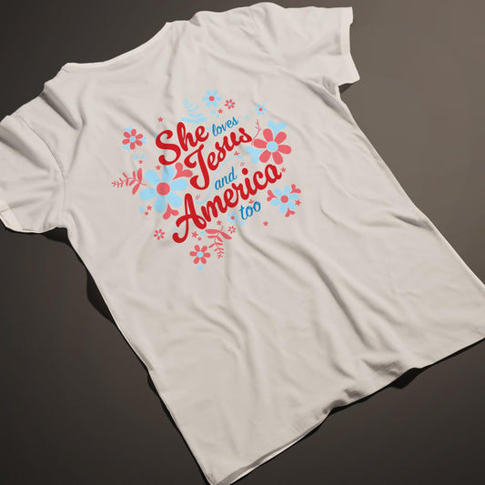 She Loves Jesus and America T-Shirt, Patriotic Faith Design, Women's Short Sleeve, Multiple Colors
