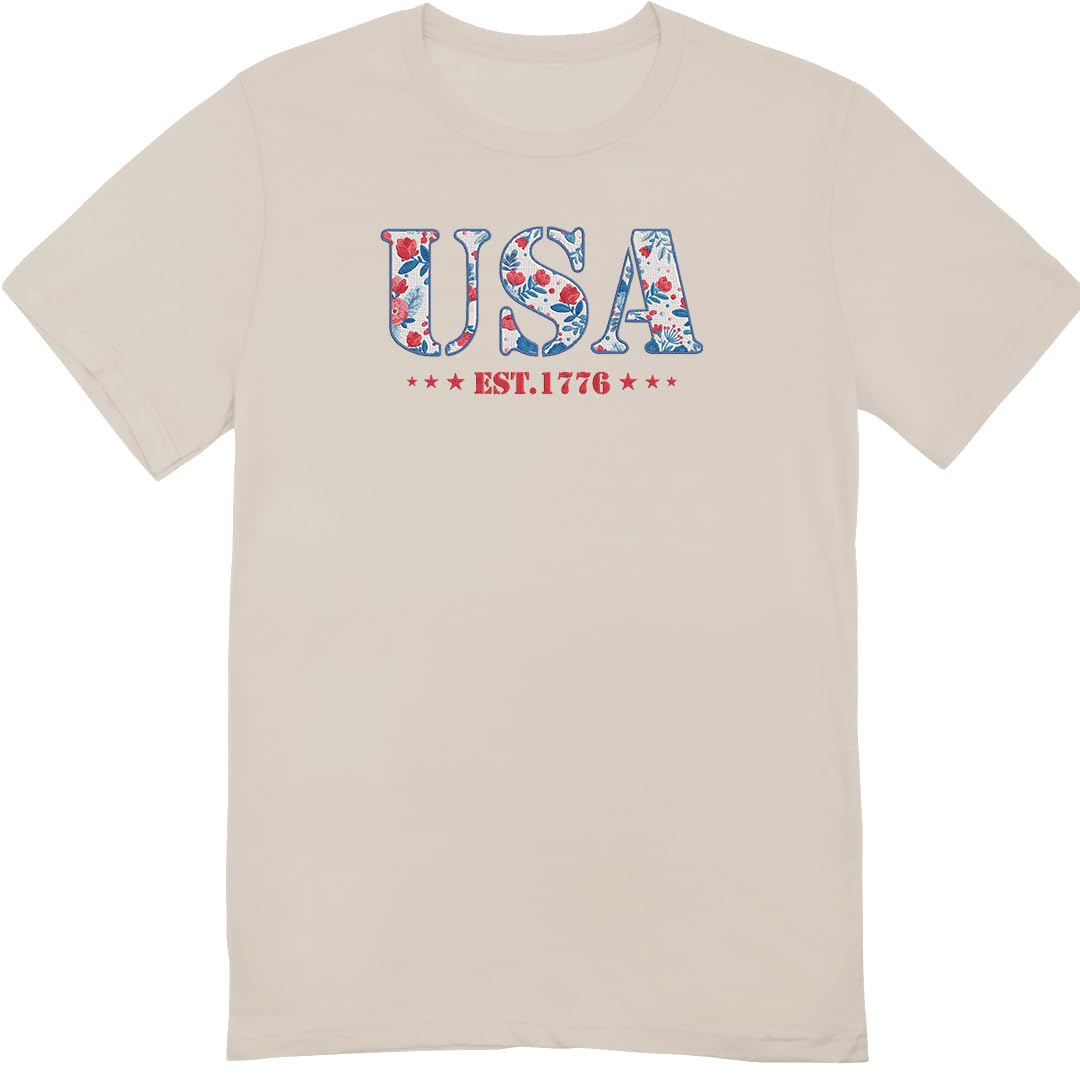 America Fourth of July Embroidered T-Shirt - 4th of July Tee Shirt Embroidery - Patriotic Est 1776 Shirt for Women