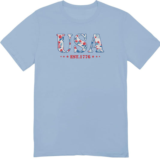 America Fourth of July Embroidered T-Shirt - 4th of July Tee Shirt Embroidery - Patriotic Est 1776 Shirt for Women
