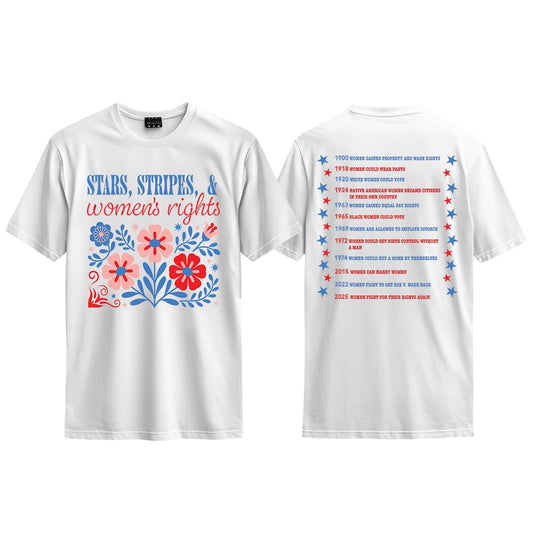 Women's Rights Timeline T-Shirt, Patriotic Floral Design, White Cotton Tee with Historical Milestones