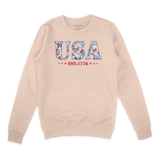 America Fourth of July Embroidered Sweatshirt for Women - 4th of July Shirt Embroidery - Patriotic Est 1776 Shirt for Women