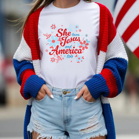 She Loves Jesus and America T-Shirt, Patriotic Faith Design, Women's Short Sleeve, Multiple Colors