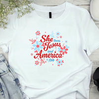 She Loves Jesus and America T-Shirt, Patriotic Faith Design, Women's Short Sleeve, Multiple Colors