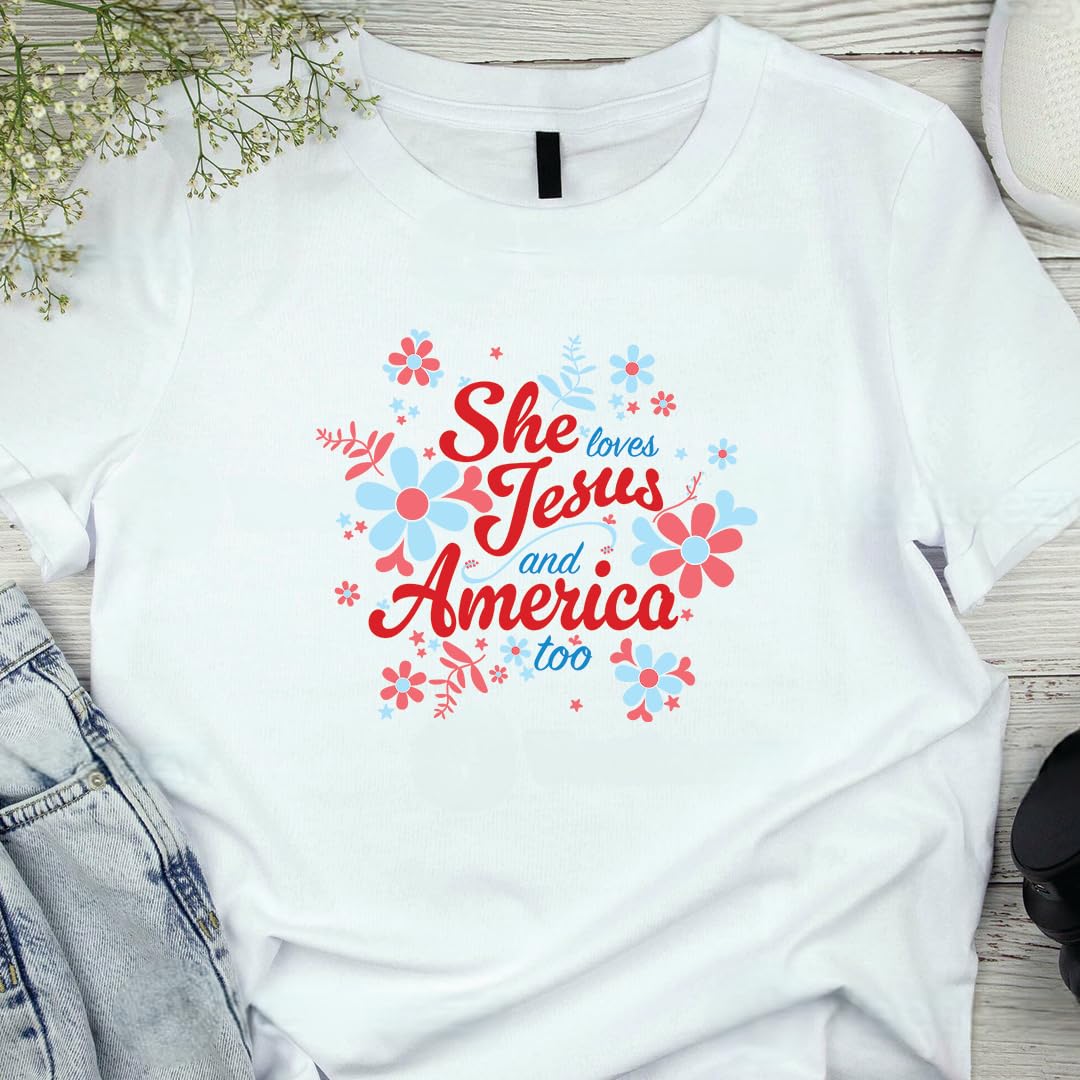 She Loves Jesus and America T-Shirt, Patriotic Faith Design, Women's Short Sleeve, Multiple Colors