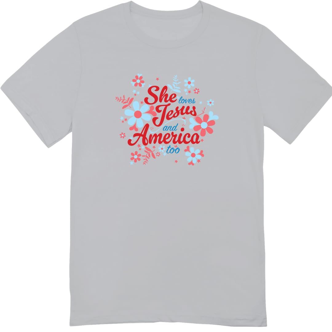 She Loves Jesus and America T-Shirt, Patriotic Faith Design, Women's Short Sleeve, Multiple Colors